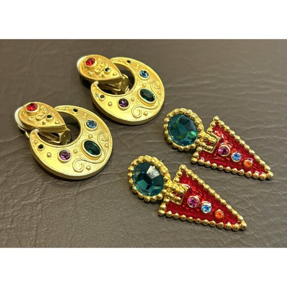 Lot of 2 80’s Vintage Runway Clip Pierced Door Knocker Enamel Earrings Gold Tone - Picture 3 of 8